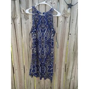 INC International Concepts Women Blue Paisley Medallion Halter Shift Dress Large